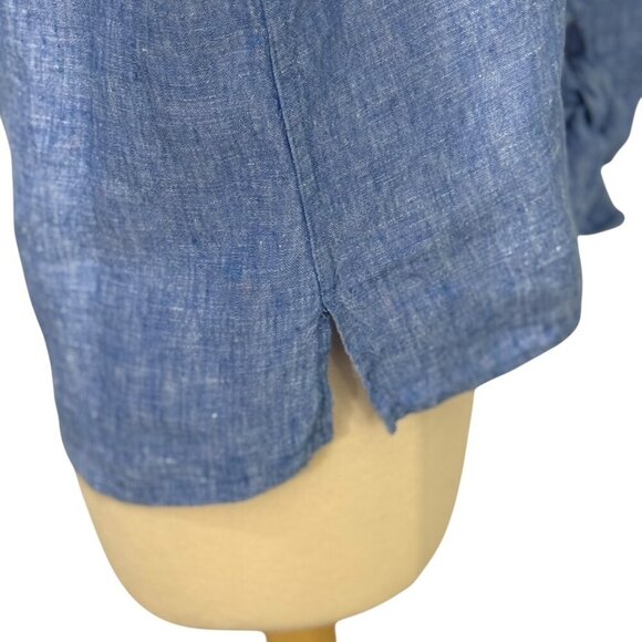 John Mark Linen V-Neck Blouse Long Roll Tab Sleeves Tie Waist Blue Resort Size S - Picture 5 of 11
